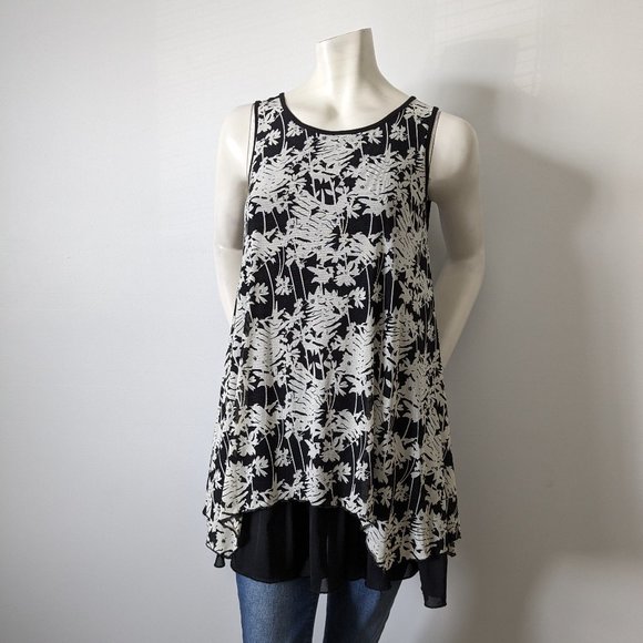Papillon - Black w/ Cream Floral Sleeveless Tunic Top - Size S - Picture 1 of 9